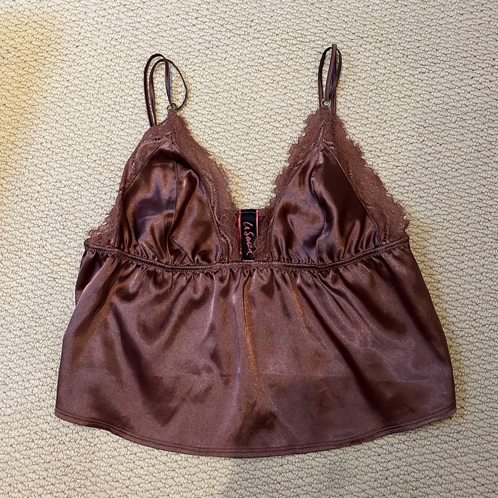 La SENZA silk/satin brown lace tank top